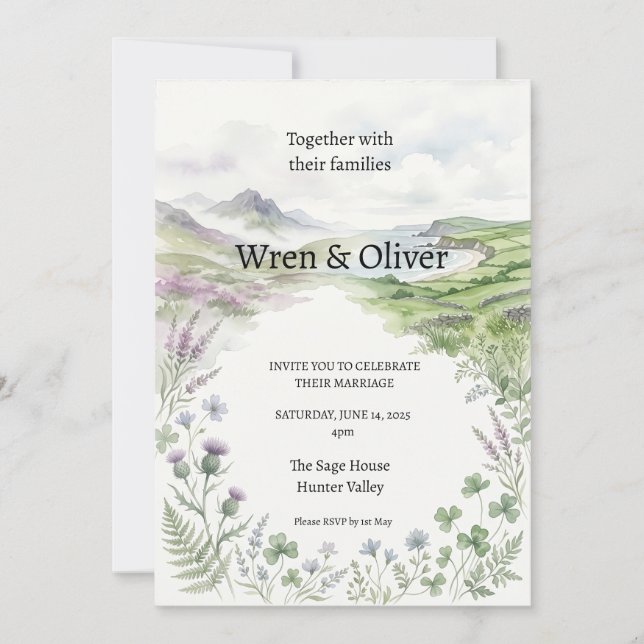 Invitation de mariage à l'aquarelle du lac de mont (Devant)