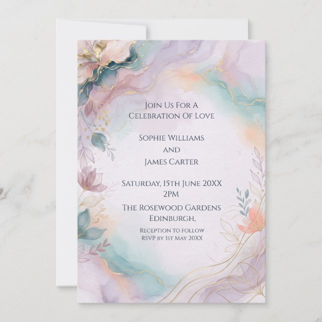 Invitation de mariage à l'aquarelle en marbre past (Devant)