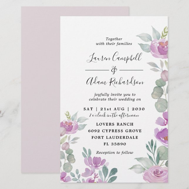 Invitation de mariage à l'aquarelle eucalyptus ros (Devant / Derrière)