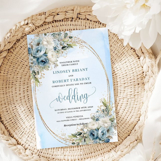 Invitation de mariage à l'aquarelle fleurs bleues  (Watercolor Dusty Blue Floral Gold Wedding Invitation)