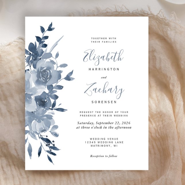Invitation de mariage à l'aquarelle florale bleue  (Créateur téléchargé)