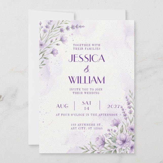 Invitation de mariage à l'aquarelle florale de lav (Devant)