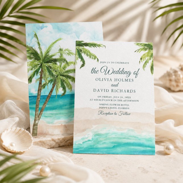 Invitation de mariage à l'aquarelle Plage tropical (Watercolor Tropical Beach and Palm Trees Wedding Invitation)