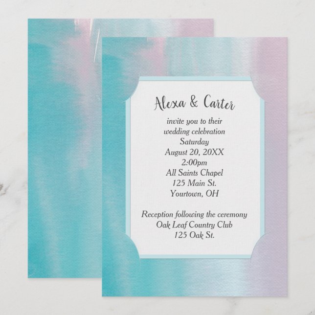 Invitation de mariage à l'aquarelle rose et aqua (Devant / Derrière)