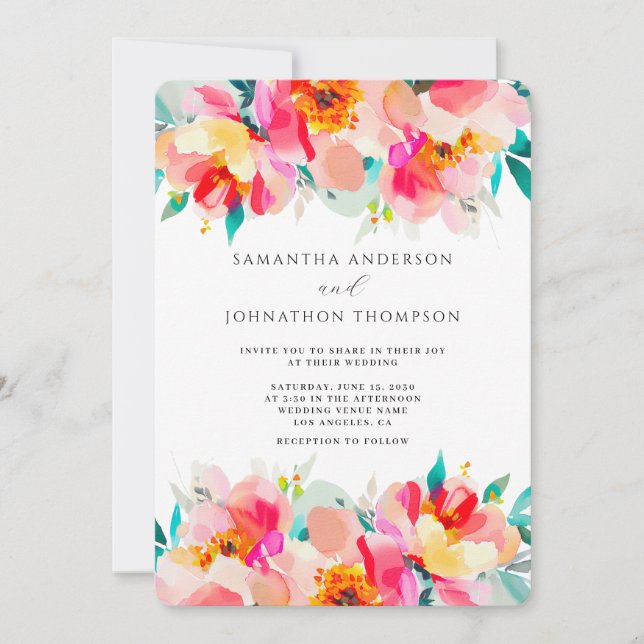 Invitation de mariage à l'aquarelle vibrante flora (Devant)