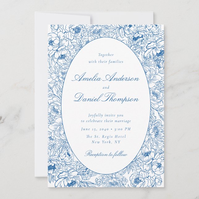 Invitation de mariage à l'art linéaire floral bleu (Devant)