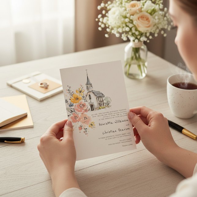 Invitation de mariage à l'église florale aquarelle (Créateur téléchargé)