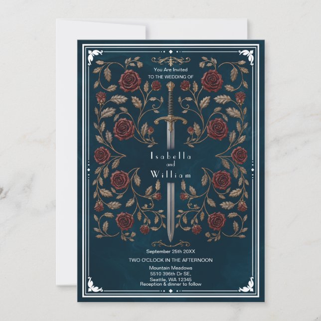 Invitation de mariage à l'épée argentée bleu royal (Devant)
