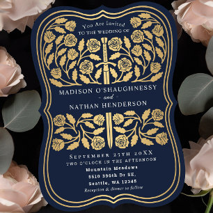 Invitation de mariage à l'épée dorée royale bleue