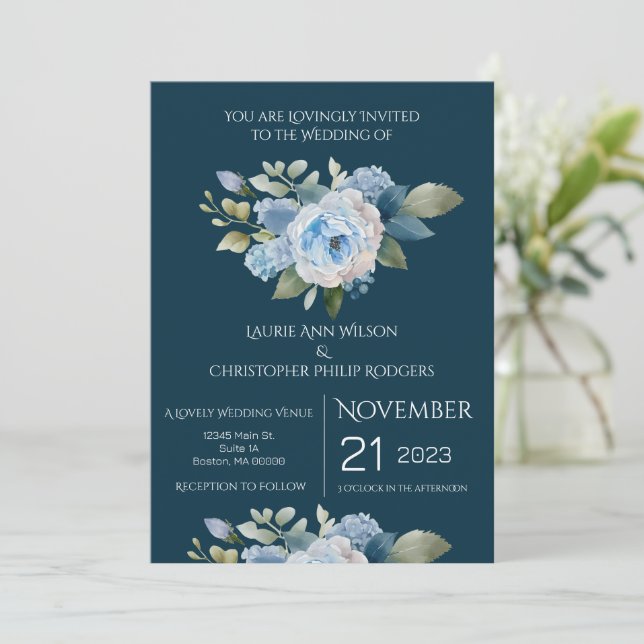 Invitation de mariage à motif floral bleu (Debout devant)