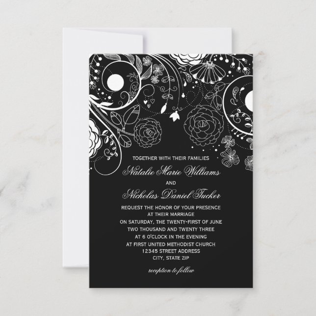 Invitation de mariage à motif floral noir/blanc -  (Devant)