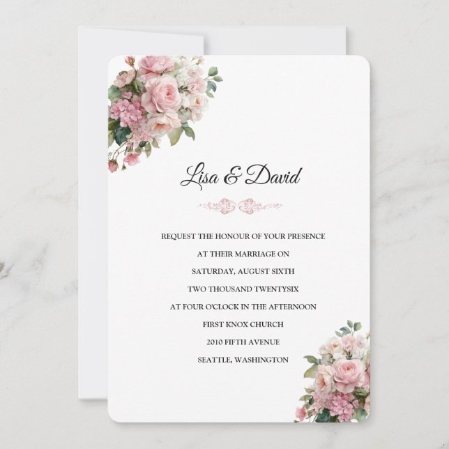 Invitation de mariage à motif floral rose (Devant)