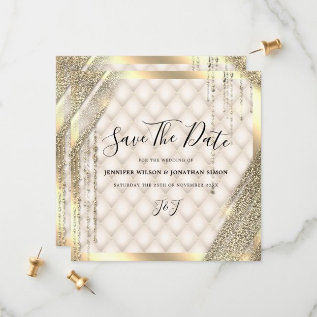Invitation de mariage à paillettes dorées et carto (Devant/Arrière en situation)