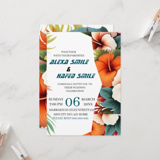 Invitation de mariage à plis avec fleurs sauvages, (Devant/Arrière en situation)