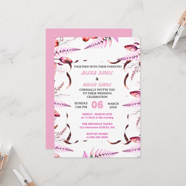 Invitation de mariage à plis Wildflower, jolie mar (Devant/Arrière en situation)