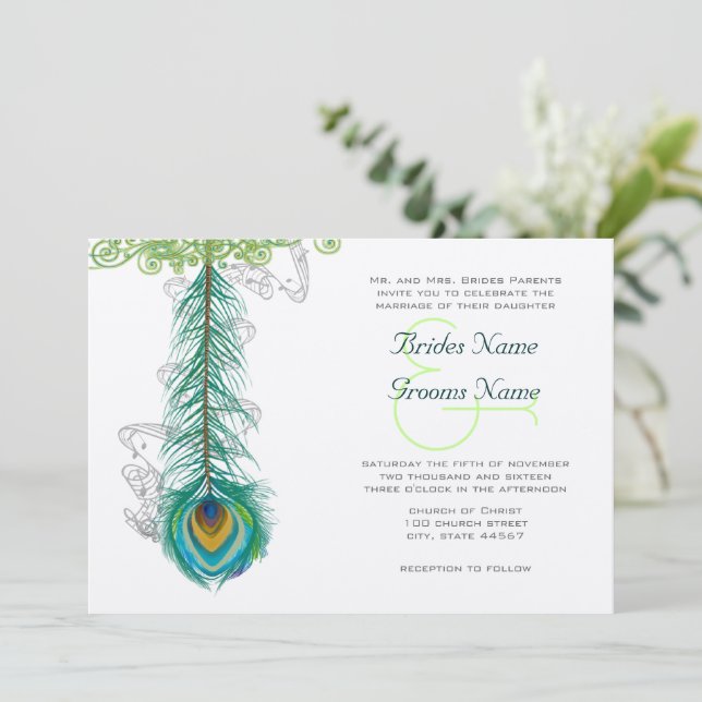Invitation de mariage à plumes de paon musical (Debout devant)