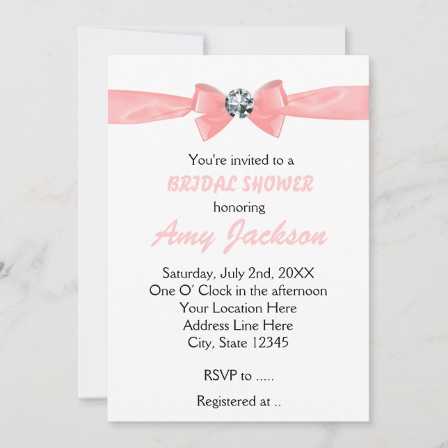 Invitation de mariage à ruban diamanté rose pêche  (Devant)