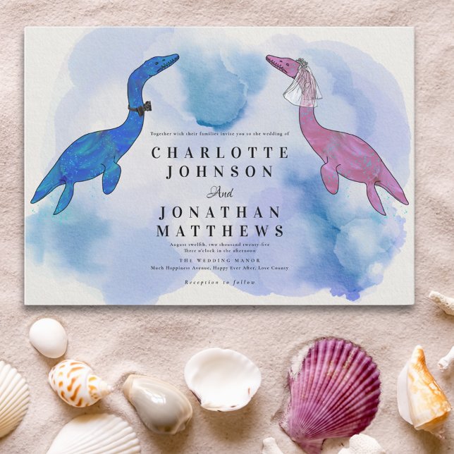 Invitation de mariage à thème dinosaure aquarelle  (Watercolor sea fun dinosaur theme wedding invitation in blue purple and pink)