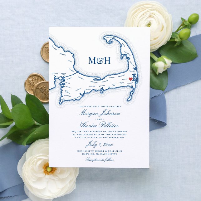 Invitation de mariage à Wequassett Resort | Cap Co (Elegant Wequassett Resort and Golf Club wedding invitation featuring a map of Cape Cod)