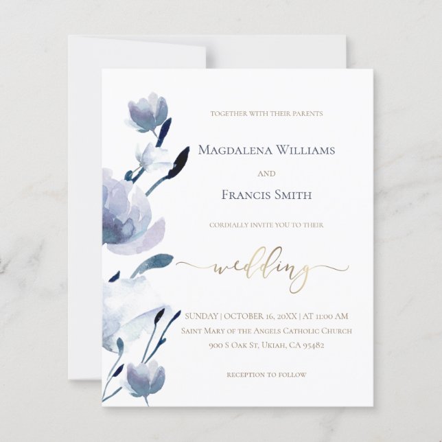 invitation de mariage abordable avec fleurs bleues (Devant)