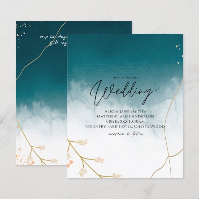 Invitation de mariage Abstrait Turquoise or BUDGET (Devant / Derrière)