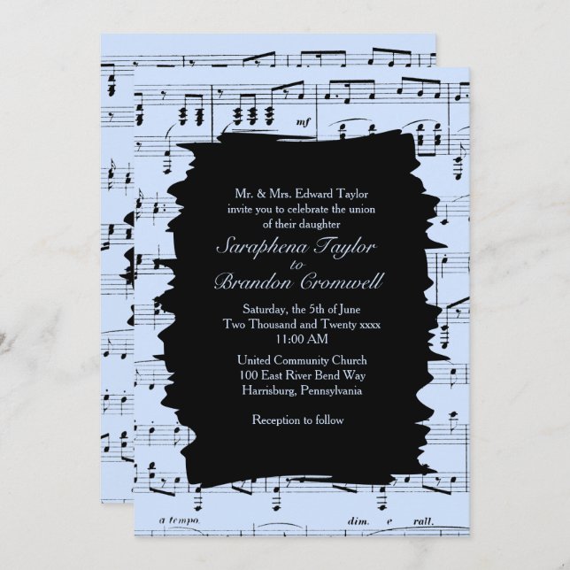 Invitation de mariage Abstraite de musique bleue m (Devant / Derrière)