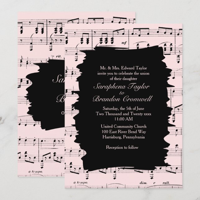 Invitation de mariage Abstraite de musique rose (Devant / Derrière)