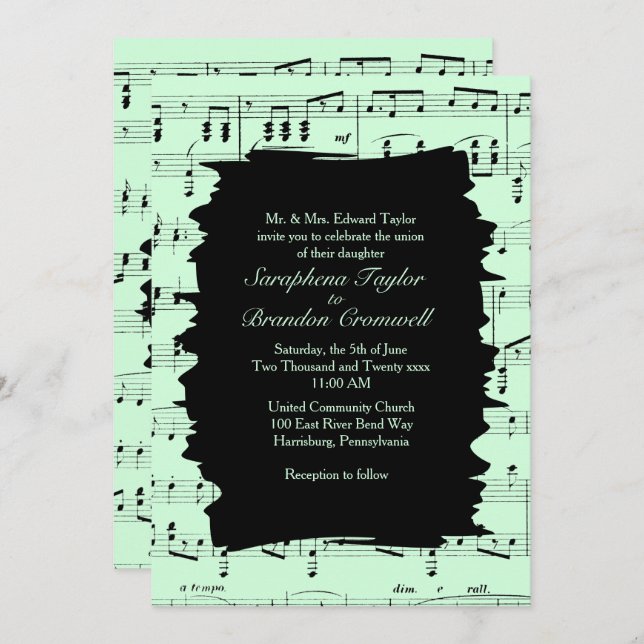 Invitation de mariage Abstraite de musique verte m (Devant / Derrière)