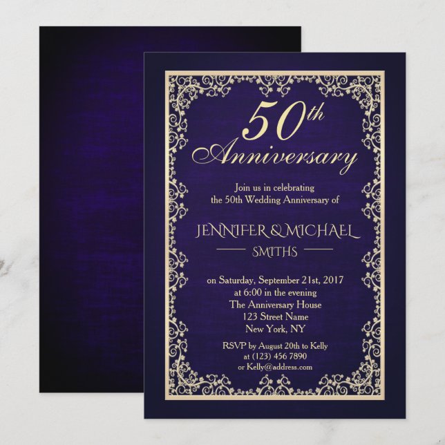 Invitation de mariage anniversaire bleu royal vint (Devant / Derrière)