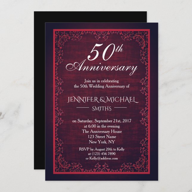 Invitation de mariage anniversaire bordeaux vintag (Devant / Derrière)