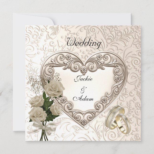 Invitation de mariage antique floral roses beige c (Devant)