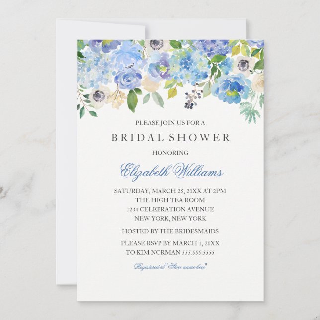 Invitation de mariage aquarelle florale bleue (Devant)
