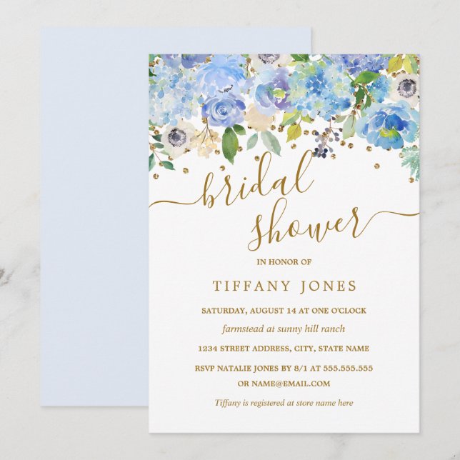 Invitation de mariage aquarelle florale bleue or (Devant / Derrière)