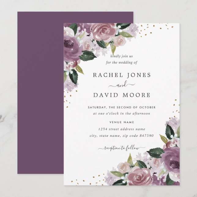 Invitation de mariage aquarelle florale or violet (Devant / Derrière)