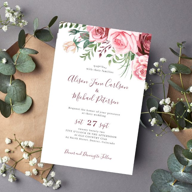 Invitation de mariage aquarelle florale rose budge (Créateur téléchargé)