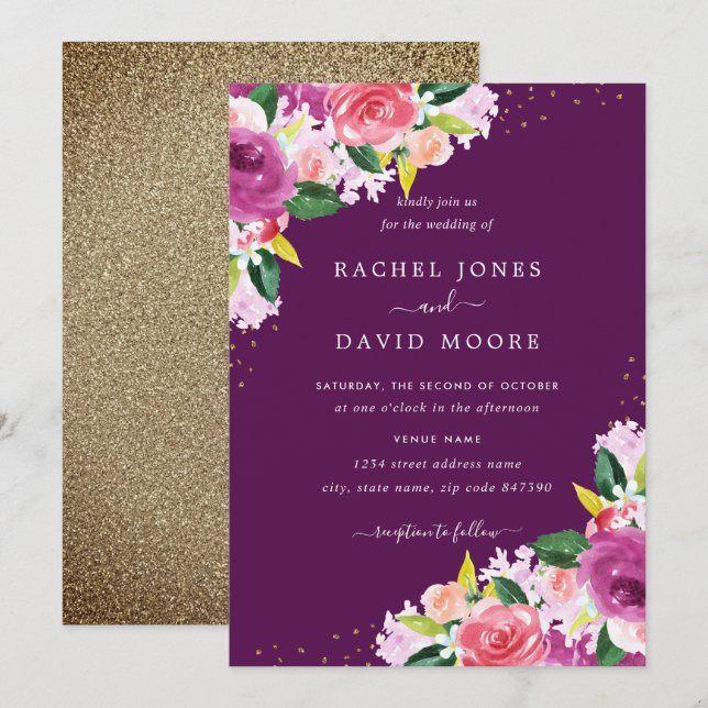 Invitation de mariage aquarelle florale rose or vi (Devant / Derrière)