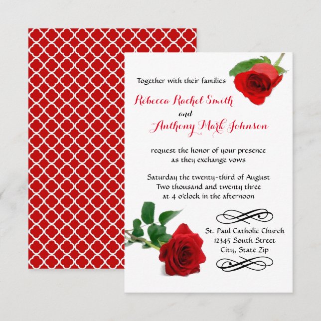Invitation de mariage aquarelle rose rouge - 3x5 (Devant / Derrière)