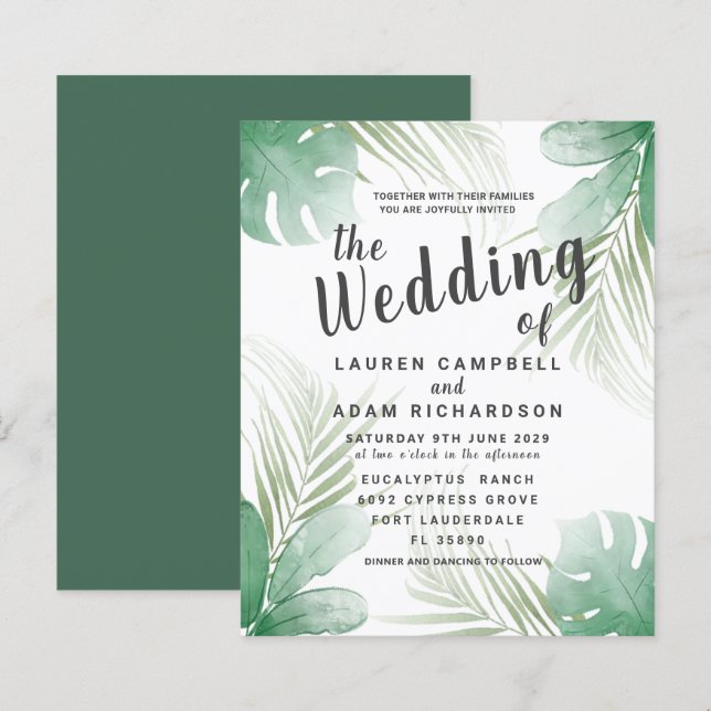 Invitation de mariage aquarelle tropicale pas chèr (Devant / Derrière)