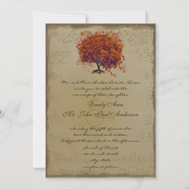 Invitation de mariage arbre coeur corail foncé or  (Devant)