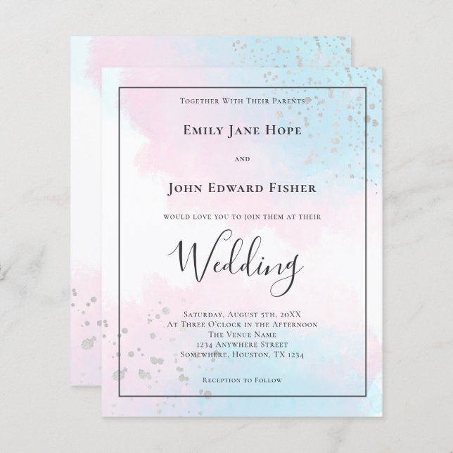 Invitation de mariage argenté rose Turquoise Budge (Devant / Derrière)