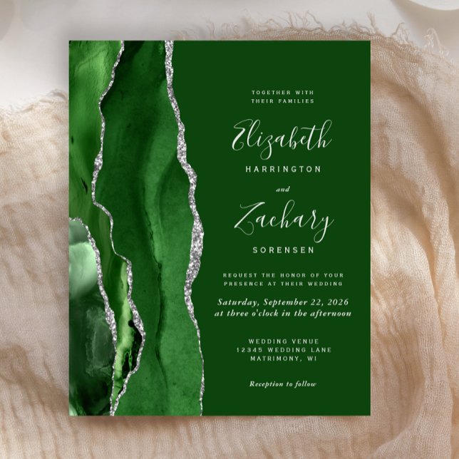 Invitation de mariage argentée à agate verte chass (Créateur téléchargé)