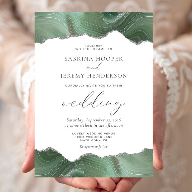 Invitation de mariage argentée à l'agate vert saug (Créateur téléchargé)