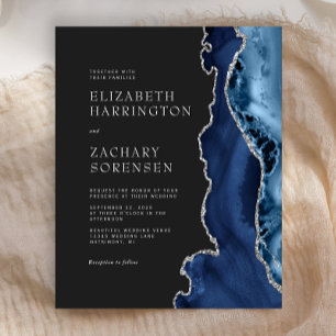 Invitation de mariage argentée avec agate bleu mar