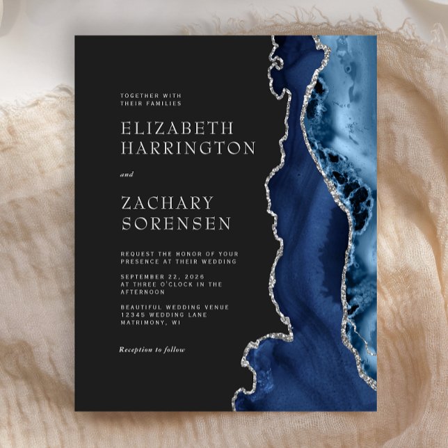 Invitation de mariage argentée avec agate bleu mar (Créateur téléchargé)