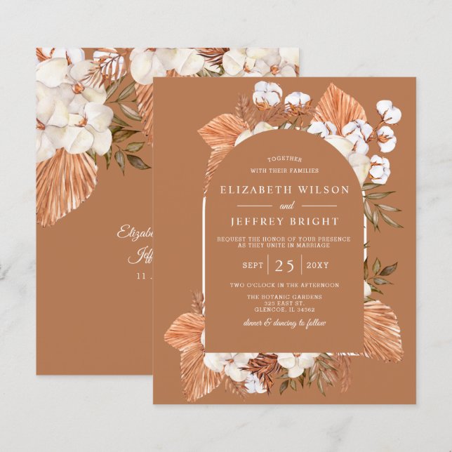 Invitation de mariage arquée en terre cuite Pampas (Devant / Derrière)