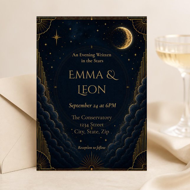 Invitation de mariage Art Déco céleste | Bleu mari (Elegant navy and gold celestial Art Deco wedding invitation featuring a crescent moon & starry night)