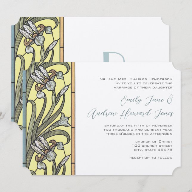 Invitation de mariage Art Déco Iris bleu et jaune (Devant / Derrière)