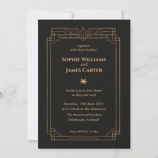 Invitation de mariage Art Déco noir et or | Élégan (Devant)