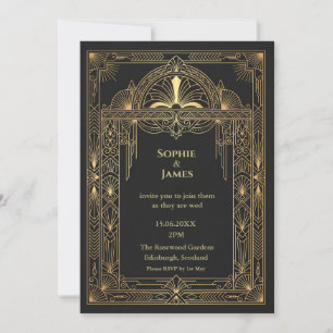 Invitation de mariage Art Déco noir et or Élégan