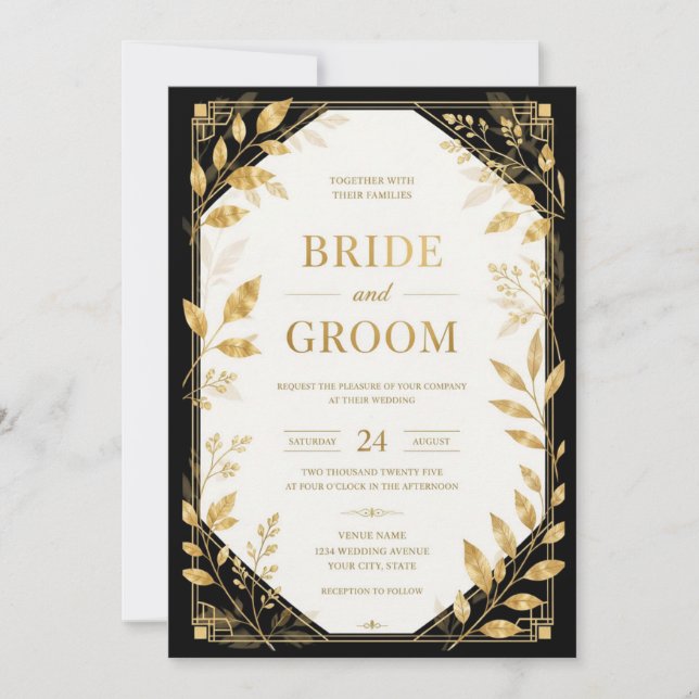 Invitation de mariage Art Déco Or Noir Moderne | L (Devant)